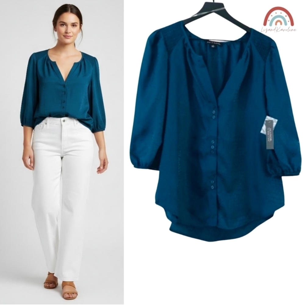New! Zac & Rachel Snake Print Teal Blue Peasant Buttoned Down Blouse Top